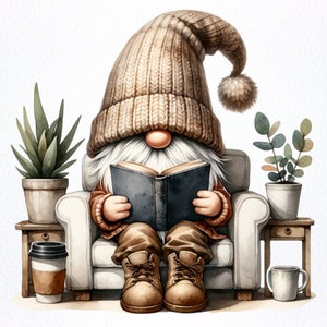 Gnomi da lettura ad acquerello, Gnome amante dei libri png, Gnomi da lettura di un libro, clipart di gnomi carini, Clipart di lettura del libro, Gnomi png, sublimare png