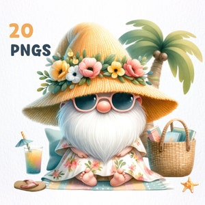 Watercolor Summer Beach Gnome Clipart bundle | 20 High-Quality PNGs | Summer Gnome clipart, Summer Beach Gnome png graphics, sublimation