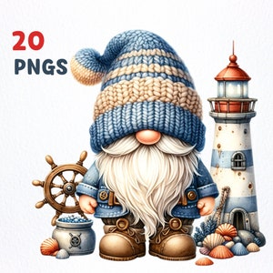 Pacchetto Clipart Gnome faro acquerello / 20 PNG di alta qualità / clipart Gnome nautico, grafica png Gnome faro, sublimazione Gnome