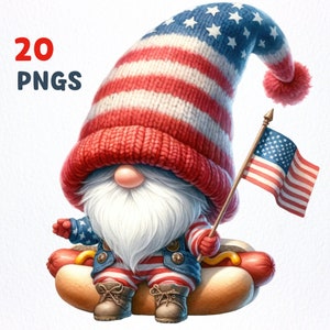 Lot de cliparts PNG aquarelle gnome patriotique | 20 PNG de haute qualité | Décoration de chambre d'enfant, nain du 4 juillet, sublimation nain du Memorial Day