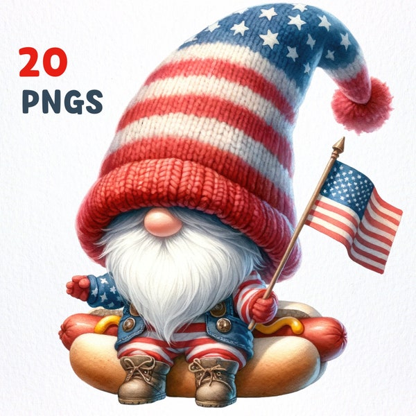 Watercolor Patriotic Gnome Clipart PNG bundle | 20 High-Quality PNGs | Nursery Decor, 4th Of July Gnome, Memorial Day Gnome sublimation