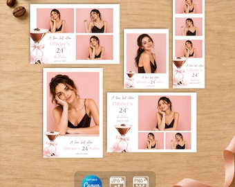 Superposición para fotomatón de Espresso Martini, cóctel de acuarela rosa y marrón, cumpleaños de un poco mayor, plantilla editable de Canva