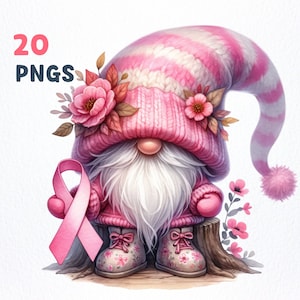 Lot de cliparts aquarelle de nain du cancer du sein | 20 PNG de haute qualité | Décoration murale, amateurs de gnomes, sublimation de gnomes en ruban rose