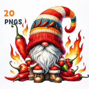 Aquarel Chili Gnome Clipart PNG-bundel | 20 hoogwaardige png-bestanden | Chilipeperkabouter, kinderkamerkunst, kabouterliefhebbers, chilipepersublimatie