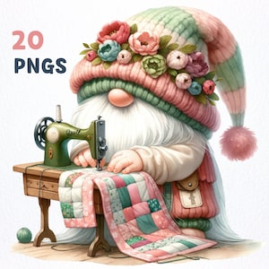 Watercolor Quilt Gnome Clipart bundle | 20 High-Quality PNGs | Sewing Machine Gnome clipart, Quilt Gnome png graphics, Gnome sublimation