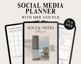 May include: Three digital tablets displaying a social media planner. The central tablet shows a planner with a coffee cup and book. The left tablet is a monthly planner, and the right tablet is a planner with checkboxes. Text includes "Social Media Planner" and "With MRR and PLR."
