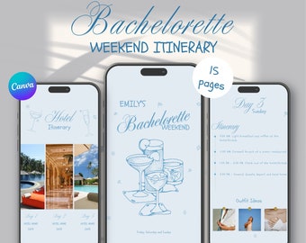 May include: A blue and white illustrated phone screen showing a bachelorette weekend itinerary with a hotel itinerary, a day-by-day schedule, and outfit ideas. The text on the screen reads "Emily's Bachelorette Weekend" and "Day 3 Sunday".