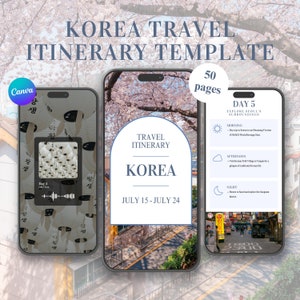 Modelo de itinerário de viagem da Coreia, Itinerário de viagem da Coreia, Itinerário móvel personalizável do Canva, Guia de viagem para agendamento de viagens, Marketing de viagens