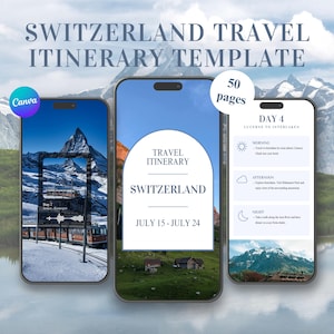 以下が含まれることがあります： スイス旅行の旅程テンプレート。このテンプレートは10日間の旅行用に設計されており、山岳風景の表紙と、インターラーケンでのアクティビティのサンプル日が含まれています。テンプレートのタイトルは「スイス旅行旅程テンプレート」で、「50ページ」というテキストが含まれています。