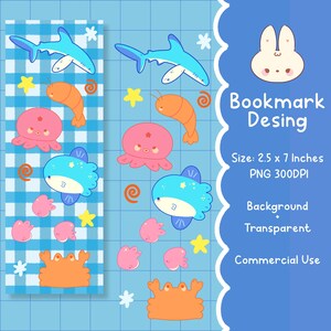 Op de afbeelding: Een grillig bladwijzerontwerp met cartoonzeedieren zoals haaien, vissen en octopussen in blauw, roze en oranje tinten. De bladwijzer is 6,35 cm x 17,78 cm groot en bevat de tekst "Bookmark Desing". De achtergrond is transparant.