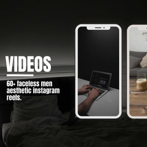Puede incluir: Dos pantallas de tel&eacute;fono que muestran videos de hombres sin rostro. El texto "VIDEOS" y "60+ hombres sin rostro est&eacute;tica Instagram reels." se muestra en el lado izquierdo de la imagen.
