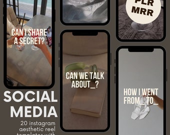 Puede incluir: Una colección de 20 plantillas de carretes de Instagram con superposiciones de texto como "¿Puedo compartir un secreto?" y "Cómo pasé de _ a _". El texto "Redes sociales" está en la parte inferior de la imagen con el lema "20 plantillas de carretes de Instagram estéticas con ganchos para hacer crecer tu cuenta."