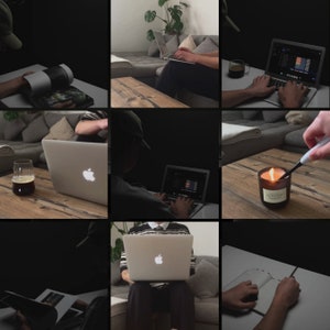 Puede incluir: Un collage de nueve im&aacute;genes que muestran diferentes escenas de personas trabajando en port&aacute;tiles, leyendo libros y encendiendo velas. Las im&aacute;genes tienen un estilo oscuro y melanc&oacute;lico.