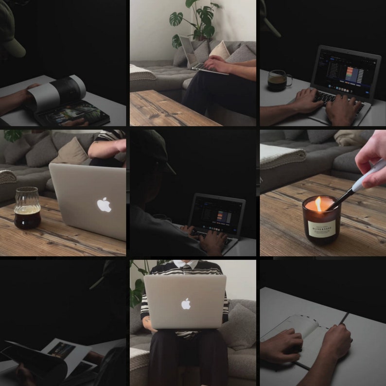 Puede incluir: Un collage de nueve im&aacute;genes que muestran diferentes escenas de personas trabajando en port&aacute;tiles, leyendo libros y encendiendo velas. Las im&aacute;genes tienen un estilo oscuro y melanc&oacute;lico.