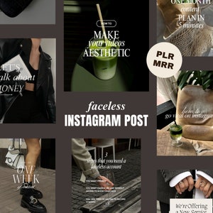 Puede incluir: Un collage de imágenes con consejos sobre cómo crear contenido de Instagram sin rostro. Las imágenes incluyen a una persona con una chaqueta de cuero negra, un latte matcha verde, una bolsa blanca y las manos de una persona sosteniendo un anillo. El texto de la imagen dice: "Cómo hacer que tus videos sean estéticos", "Publicación de Instagram sin rostro", "3 señales de que necesitas una cuenta sin rostro", "Plan de contenido de un mes en 5 minutos", "Hablemos de dinero", "Una semana Foodtenk", "Cómo volverse viral en Instagram", y "Estamos ofreciendo un nuevo servicio".