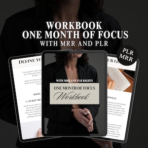 Puede incluir: Un libro de trabajo en blanco y negro con el título "One Month of Focus Workbook" y el texto "With MRR and PLR Rights". El libro de trabajo está abierto en una página con el encabezado "Define Your Goals" y el texto "La pregunta que me hago a mí mismo: "¿Estoy haciendo todo lo que puedo?" - ¿Qué es lo que quieres? - ¿Qué es lo más importante para avanzar?"