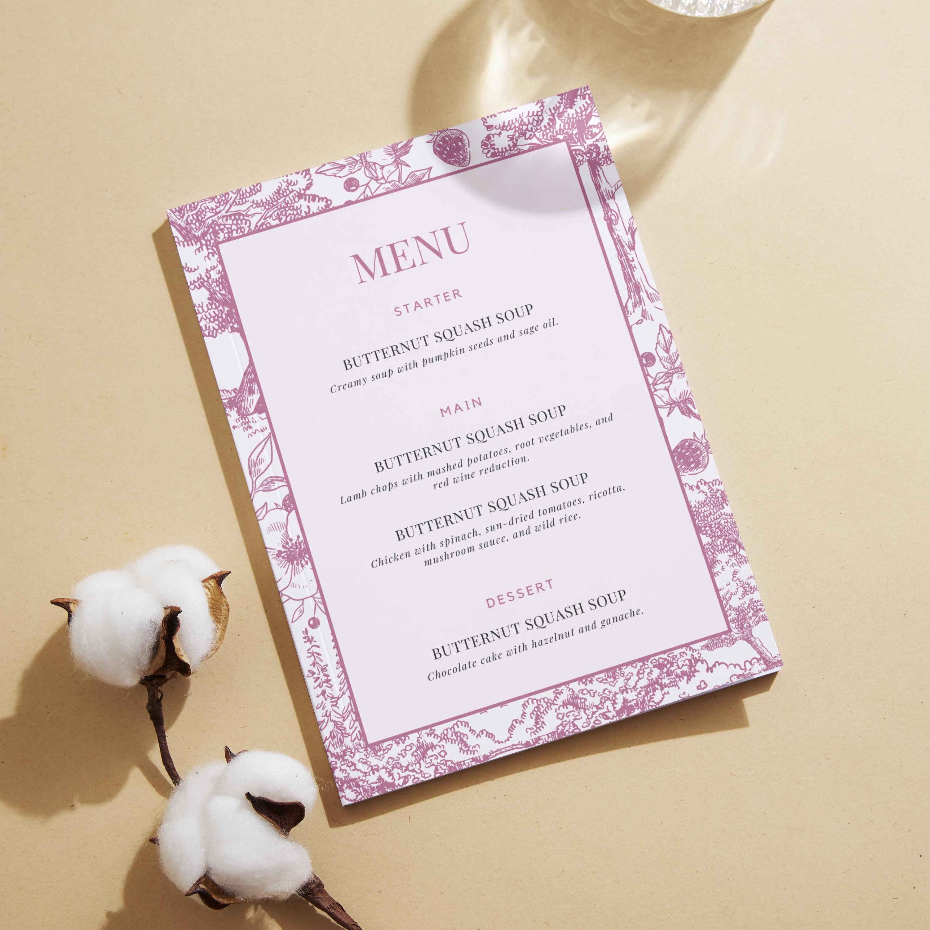 Pink Flowerbackdrop Menu Pink Vintage Menu Canva Template, Boho Flower Pink Elegant Event Menu ...