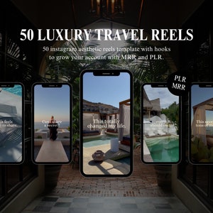Faceless reels bundle with hooks with MRR and PLR, 50 faceless reels travel luxury style canva template