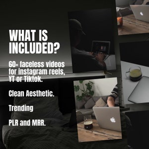 Puede incluir: Un collage de im&aacute;genes que muestran a diferentes personas trabajando en port&aacute;tiles. El texto "WHAT IS INCLUDED?" est&aacute; en la parte superior de la imagen. El texto debajo del t&iacute;tulo dice: "60+ videos sin rostro para carretes de Instagram, YT o TikTok. Est&eacute;tica limpia. Tendencia. PLR y MRR."