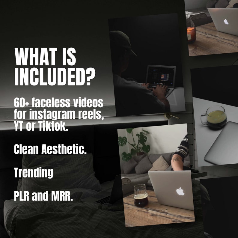 Puede incluir: Un collage de im&aacute;genes que muestran a diferentes personas trabajando en port&aacute;tiles. El texto "WHAT IS INCLUDED?" est&aacute; en la parte superior de la imagen. El texto debajo del t&iacute;tulo dice: "60+ videos sin rostro para carretes de Instagram, YT o TikTok. Est&eacute;tica limpia. Tendencia. PLR y MRR."
