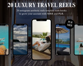 Puede incluir: Una colección de 20 plantillas de carretes de Instagram que presentan destinos de viaje de lujo. Las plantillas incluyen superposiciones de texto como "Step rolling!" y "What if we told you that_" y están diseñadas para ayudar a hacer crecer tu cuenta con MRR y PLR.