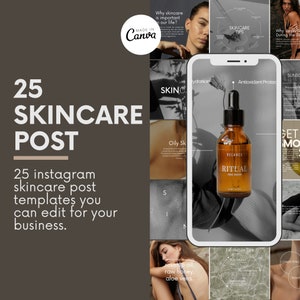 Puede incluir: Un collage de 25 plantillas de publicaciones de Instagram para empresas de cuidado de la piel. Las plantillas presentan imágenes de productos para el cuidado de la piel, consejos y recomendaciones. El texto "SKINCARE TIPS" es visible en una de las plantillas.