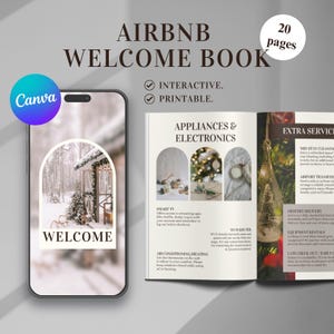 Puede incluir: Un libro de bienvenida para los huéspedes de Airbnb con una escena de cabaña de invierno en la portada. El libro incluye secciones para electrodomésticos y electrónica, servicios adicionales y un mensaje de bienvenida. El libro es interactivo e imprimible.
