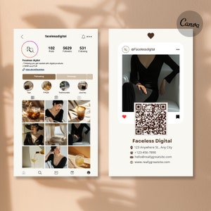 Wizytówka na Instagramie, wizytówka IG, edytowalny szablon wizytówki, wizytówka marketingowa bez twarzy, wizytówka z kodem QR