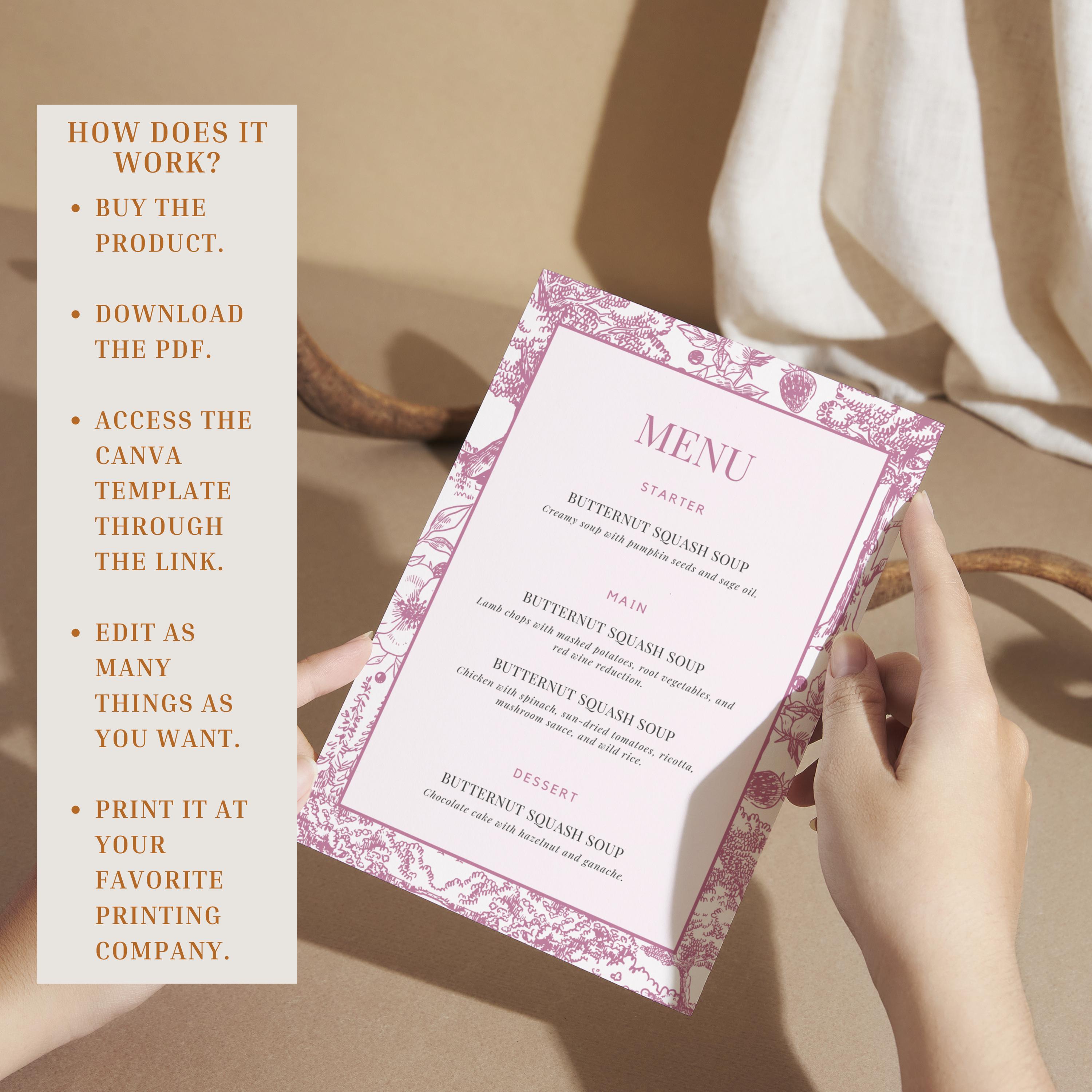 Pink Flowerbackdrop Menu Pink Vintage Menu Canva Template, Boho Flower Pink Elegant Event Menu ...