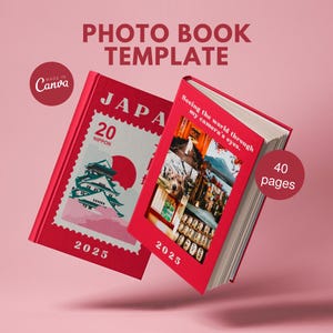 Puede incluir: Dos plantillas de álbum de fotos rojo con temática japonesa. El libro de la izquierda tiene un sello con un castillo japonés y el texto "JAPA 20 NIPPON 2025". El libro de la derecha tiene un collage de fotos con el texto "Ver el mundo a través de los ojos de mi cámara. 40 páginas 2025".