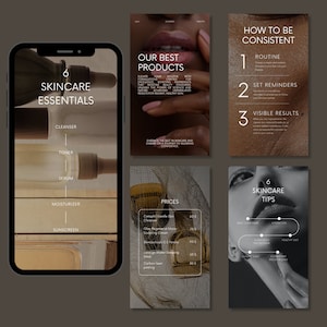 Puede incluir: Un collage de seis imágenes con consejos e información sobre el cuidado de la piel. La primera imagen muestra un teléfono inteligente con una lista de seis productos esenciales para el cuidado de la piel: limpiador, tónico, suero, crema hidratante y protector solar. La segunda imagen muestra una lista de productos para el cuidado de la piel con sus precios. La tercera imagen muestra una lista de consejos para ser constante con tu rutina de cuidado de la piel. La cuarta imagen muestra una lista de seis consejos para el cuidado de la piel: limpieza diaria, hidratación, protección solar, dieta saludable, sueño de calidad e hidratación constante. La quinta imagen muestra un primer plano del rostro de una mujer con el texto "6 consejos para el cuidado de la piel". La sexta imagen muestra un primer plano de los labios de una mujer con el texto "Nuestros mejores productos".