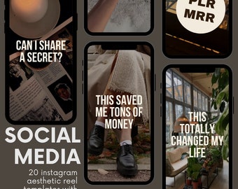 Puede incluir: Un collage de imágenes que promocionan estrategias de marketing en redes sociales. Las imágenes incluyen una vela encendida, las piernas de una persona que lleva zapatos negros, la mano de una persona que sostiene encaje, una planta en maceta y un texto superpuesto que dice "¿Puedo compartir un secreto?", "Esto me ha ahorrado toneladas de dinero", "Esto ha cambiado mi vida por completo" y "Acerca de hacer PLR MRR". El texto en la parte inferior del collage dice "Redes sociales 20 plantillas de carretes estéticos de Instagram con ganchos para hacer crecer tu cuenta."