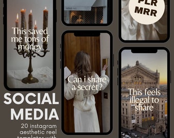 Puede incluir: Un collage de imágenes que promocionan la creación de contenido para redes sociales. El texto "SOCIAL MEDIA" se muestra en fuente grande. El texto "20 plantillas de carretes estéticos de Instagram con ganchos para hacer crecer tu cuenta." también se muestra. Las imágenes incluyen un candelero con velas encendidas, una mujer con un suéter blanco y una vista de un edificio.