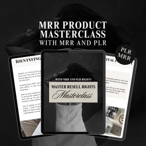 Könnte beinhalten: Ein digitaler Produkt-Masterclass mit dem Text "Master Resell Rights Masterclass" auf weißem Hintergrund. Der Text "With MRR and PLR Rights" befindet sich über dem Titel. Das Bild zeigt auch ein Schwarzweißfoto des Rückens und der Haare einer Person. Der Text "Identifying" befindet sich auf dem Bildschirm eines schwarzen und weißen Tablets. Der Text "PLR MRR" befindet sich auf einem schwarzen Kreis mit weißem Rand.