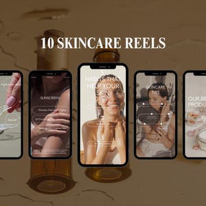 Puede incluir: Un collage de cinco pantallas de teléfonos inteligentes que muestran consejos para el cuidado de la piel y recomendaciones de productos. Las pantallas muestran texto como "Sunscreen", "Habits That Help Your Skin", "Skincare Tips" y "Our Best Products".