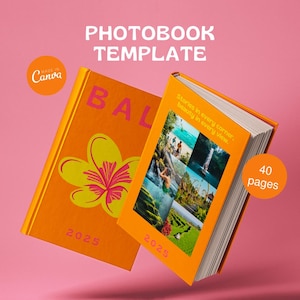 Puede incluir: Dos portadas de álbum de fotos de color naranja con el texto "BAL" y "2025" en ellas. Una portada tiene un diseño de flor amarilla y la otra tiene un collage de fotos de Bali con el texto "Historias en cada esquina, belleza en cada vista." y "40 páginas".
