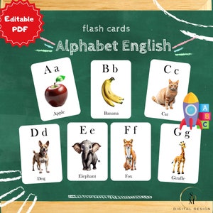 Alphabet Flash Cards, 26 Editable Montessori Cards, Alphabet Educational Printable Cards, preschool Toys cards, Classroom Decor,Nomenclature