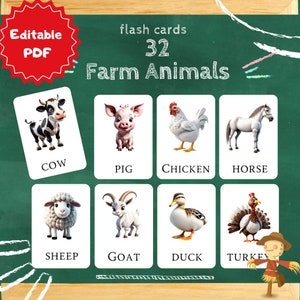 farm Animals, 32 Editable Montessori Cards, animal Educational Printable Cards, preschool Toys Flashcard, Instant Download pdf, Nomenclature