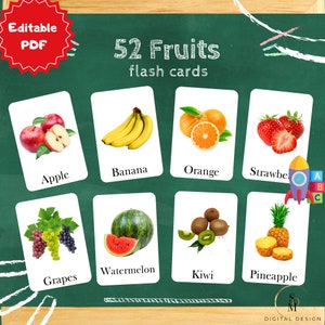 Fruits (real pictures), 52Editable Montessori Cards, Educational Printable Cards, preschool Toys ,Instant Download pdf, Nomenclature,Game