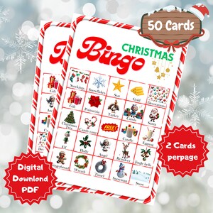 Bingo świąteczne, 50 unikalnych kart bingo, aktywność świąteczna, gra na imprezę świąteczną, klasa świąteczna, urocze bingo świąteczne, do wydrukowania