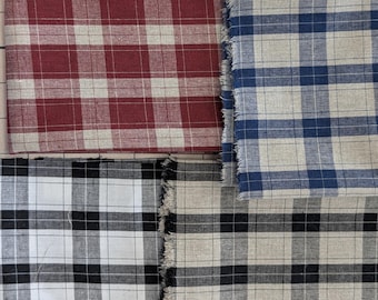 Green Checkered Linen Cotton Blend Fabric by Yard. Medium weight fabric for Clothing and Home Decor