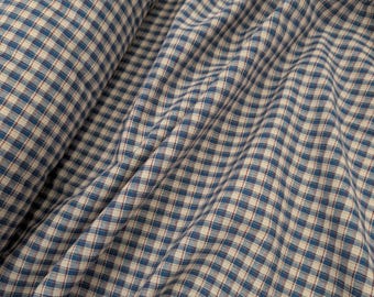 Blue Checkered Linen Cotton Blend Fabric by Yard, Yarn Dyed Texture