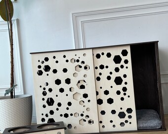 Modern Wooden Dog Crate | Sliding Door Kennel, Cushioned Dog House
