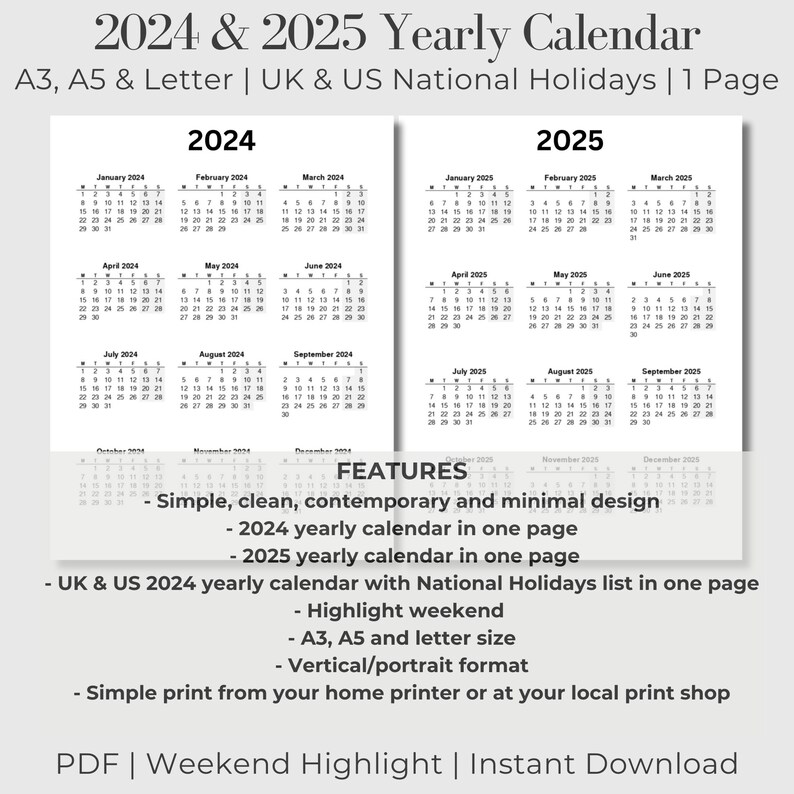 2024 2025 Yearly Calendar Printable Wall Calendar 2024 Holidays List