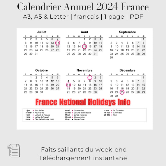 Calendrier 2024 Calendrier Français 2024 Planificateur Imprimable 2024  French Calendar 2024 French Planner PRINTABLE Wall Calendar French 