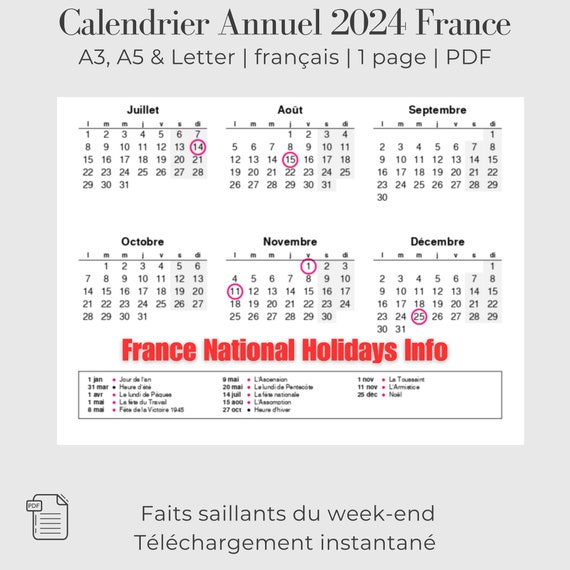 2024 Calendrier 2024 French Calendar 2024 Yearly Calendar French PDF  Calendar 2024 PRINTABLE A3 A4 Letter 2024 Calendrier Annuel PDF 2024 