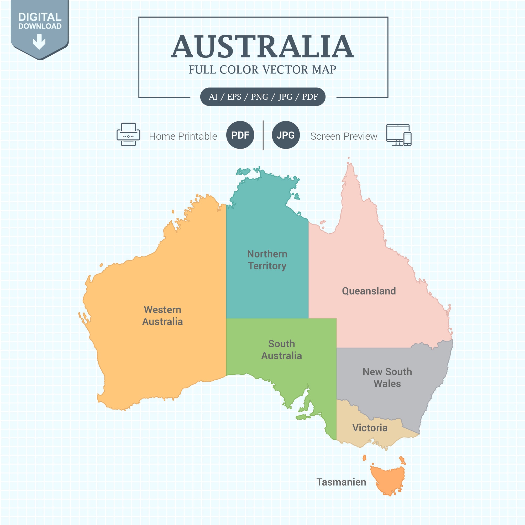 Digital Australia Map full color with states Printable Poster large size and A4 PDF. Screen view size and Vector Illustrator editable.