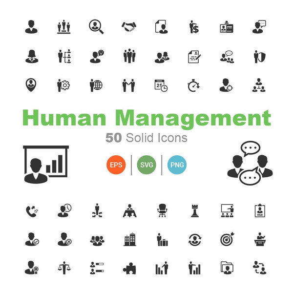 50 Human Resources Management Solid Icons. Business and Finance Filled Icon. Vector SVG and PNG (Black and White). Unique and easy to use.