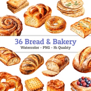 Akvarell bröd- och bagericlipart. Färgglatt bröd PNG ingen bakgrund digital konst för nedladdning i hög kvalitet 1800x1800 pixlar.
