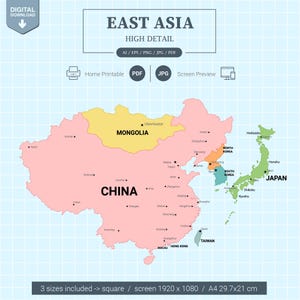 Puede incluir: Un mapa digital de Asia Oriental, que incluye China, Japón, Corea del Norte y del Sur, Mongolia y Taiwán. El mapa es de alta resolución e incluye el texto "EAST ASIA" y "HIGH DETAIL". La imagen también incluye el texto "3 sizes included -> square / screen 1920 x 1080 / A4 29.7x21 cm."